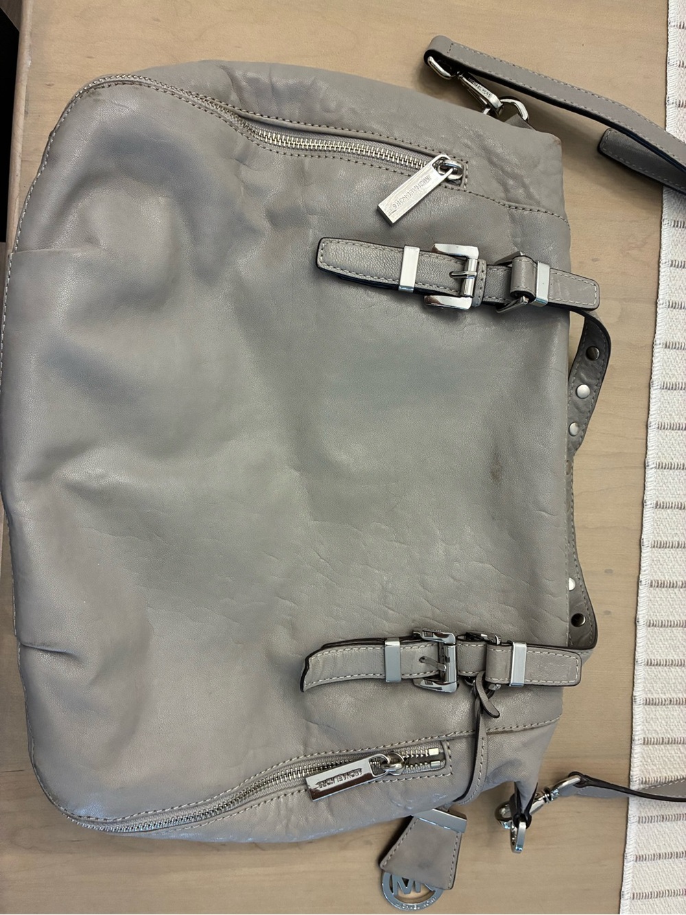 Gray Michael Kors Leather Satchel Tote with Buckle Details - Picture 3 of 7